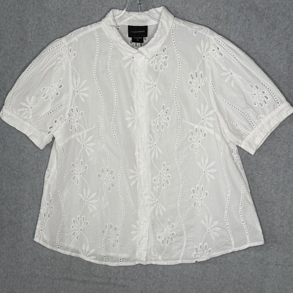 Liv Los Angeles White Embroidered Eyelet Shirt Women's XL Cotton Short Sleeve